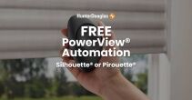 Close-up of a hand holding a remote control in front of window blinds, promoting PowerView automation for Silhouette or Pirouette shades.