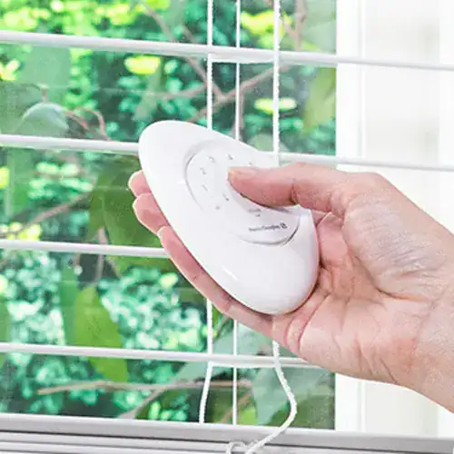 A person using a remote-controlled window cleaning device with a white pad on a glass window with white grid lines, in a bright, green outdoor setting.