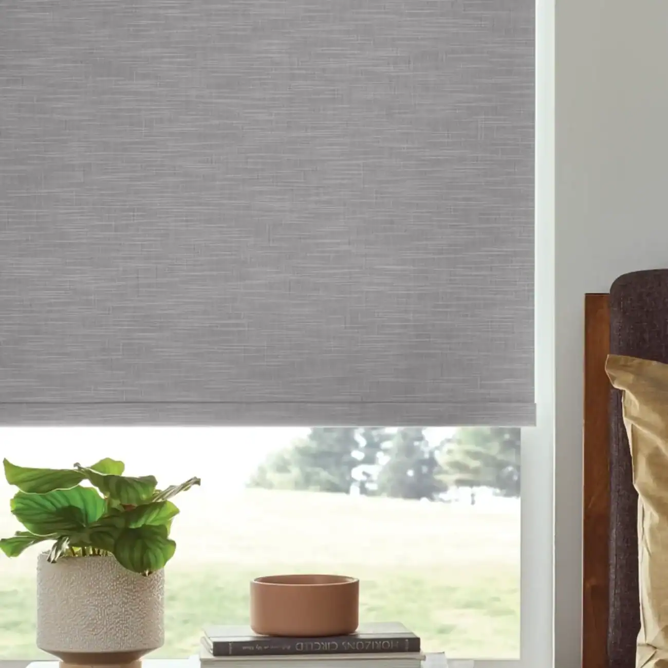Contemporary window with gray roller shade, indoor plant, and view of outdoor greenery, creating a calm and stylish interior space.