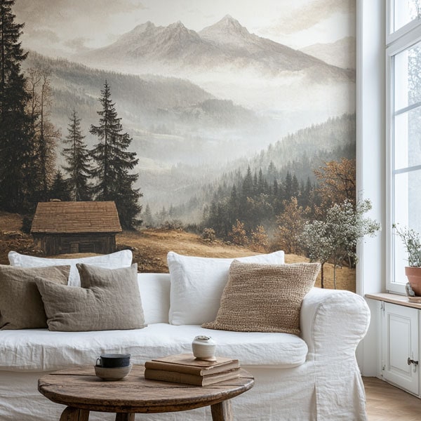 Large wall mural of misty mountains, pine trees, and a rustic cabin in a cozy living room setting.